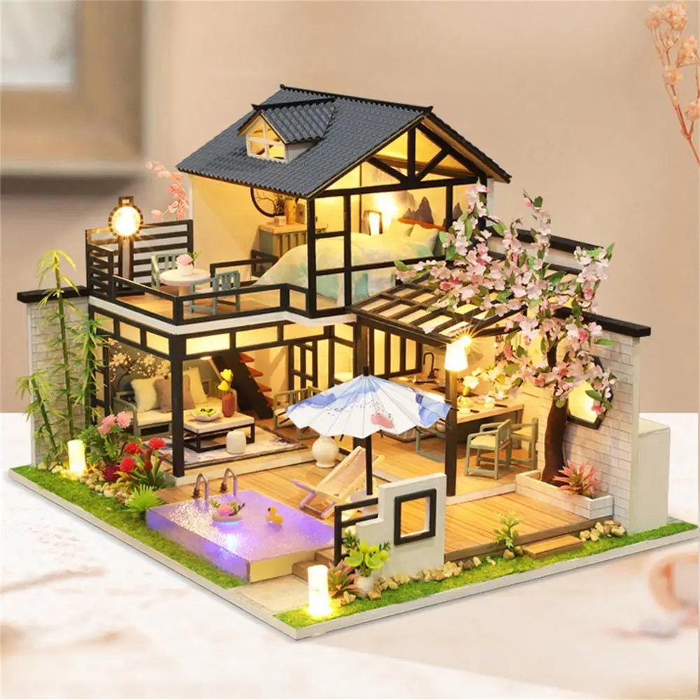 Casa de Bonecas em Miniatura Presentes de Natal Brinquedo com Luz Presente de Natal Kit de Casa de Bonecas de Madeira Faça Você Mesmo Led 7 com luz led diy kit de casa