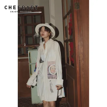 

Cheeart Fall 2019 Long Sleeve Loose Shirt Button Down Long Shirt For Women Abstraction Print Designer Tops High Fashion