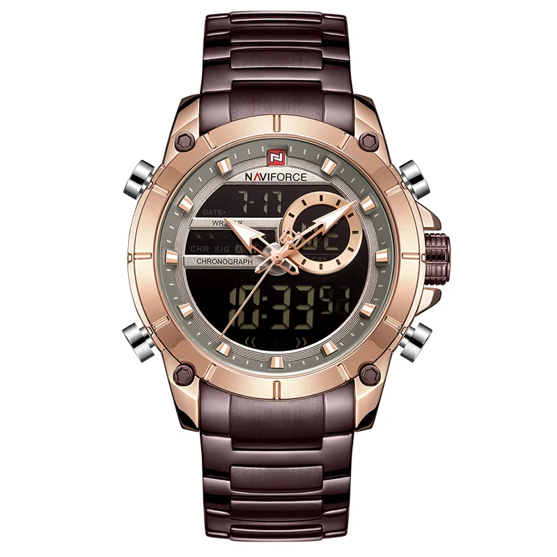 NAVIFORCE часы мужские роскошные брендовые модные цифровые часы Мужские Спортивные кварцевые наручные часы полностью стальные мужские часы Relogio Masculino - Цвет: coffee
