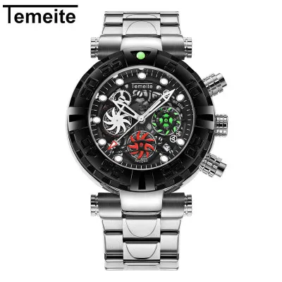 Мужские модные кварцевые наручные часы эксклюзивный бренд Temeite часы со скелетом ремешок из нержавеющей стали водонепроницаемые деловые часы - Цвет: silver black