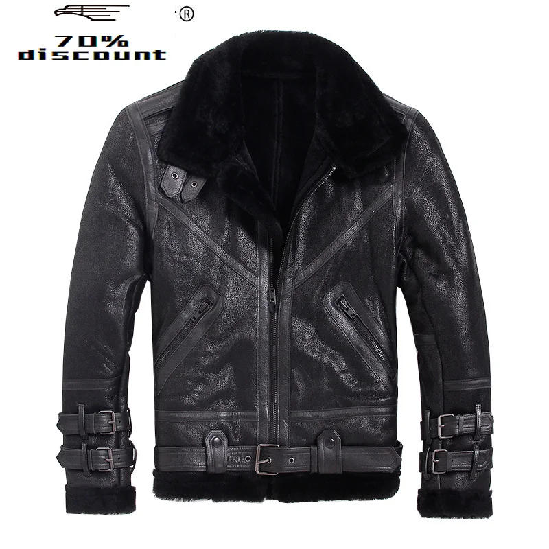 

Mens Leather Jacket Winter Sheepskin Coat Short Genuine Leather Motorcycle Sheep Shearling Jacket for Men Wool Lining