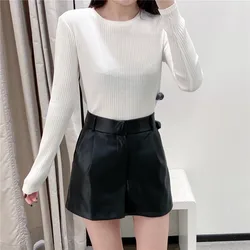 TRAFZA 2024 Spring Summer Fashion Women Shorts Vintage PU Leather Shorts High Waist Undefined Trousers Female Office Wear Shorts
