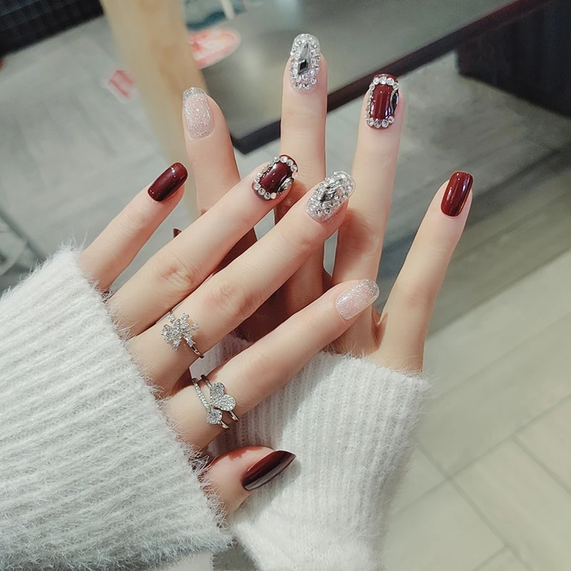 Wine Red Nail Patch Glitter Full Diamonds Short Nail Tips French Style Glue Type Removable Save Time 24pcs False Nails Nn False Nails Aliexpress