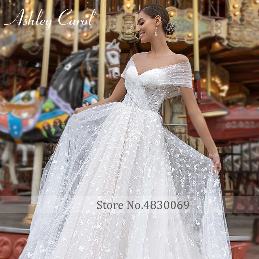 Ashley Carol A-Line Wedding Dress 2022 Illusion Point Wave Lace Pearls Off  the Shoulder Button Beach Bride Gown Vestido De Novia