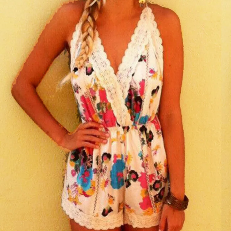 Summer Women Sleeveless Sling Playsuit Floral Print Lace High Waist Backless Casual Slim Multicolor Short Romper