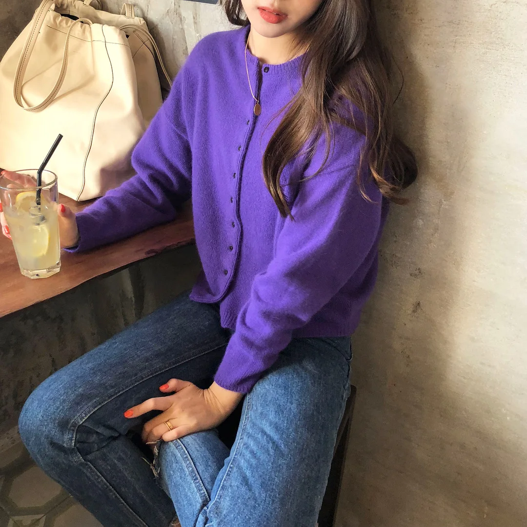 

Solid Violet Purple Long Sleeve Button Cardigan Sweater Women Korean Fashion Lolita Warm Cashmere Jumper Pull Outwear Sexy Top