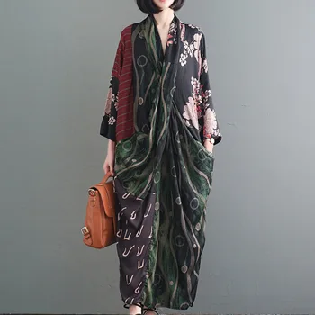 

[EWQ] 2020 Summer New Casual Fashion Retro Women Loose Plus Crossover Collar Print Long Dress TC397