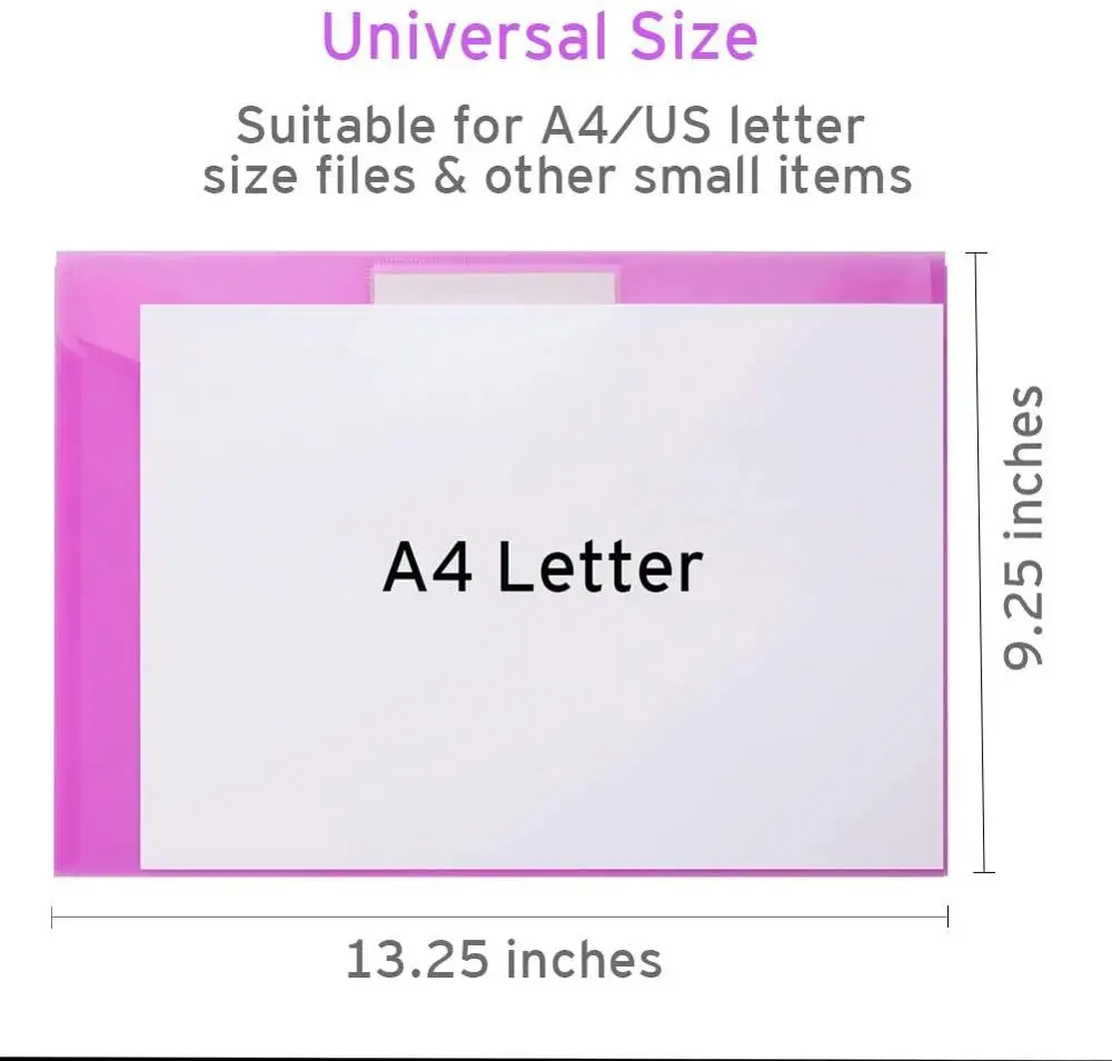 5pcs A4 Size Plastic Envelopes Clear Document File Envelope Folders with Label Pocket & Snap for School Home Office Supplies