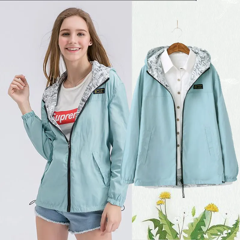 

Women Coat Pocket Zipper Design Hooded Two Side Wear Cartoon Print Candy Color Jacket Outwear Loose Plus Size the lastest