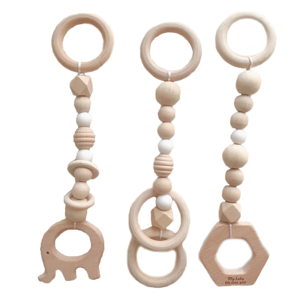 New 3PCS/Set Baby Play Gym Silicone Beads Wood Teether Toddler Hanger Rattle Wood Ring Teething Toys Newborn Baby Pram Toy