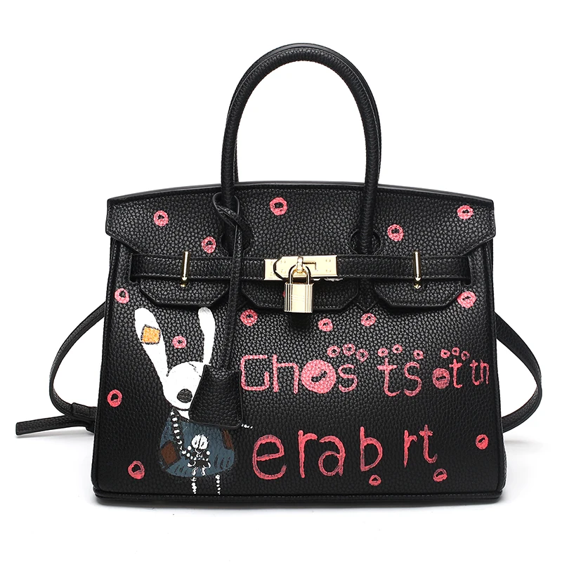 

2019 High Quality Real Leather Rabbit Lovely Design Crossbody Bags For Women Tote Bag Litchi Grain Graffiti Inclined Shoulder Bag