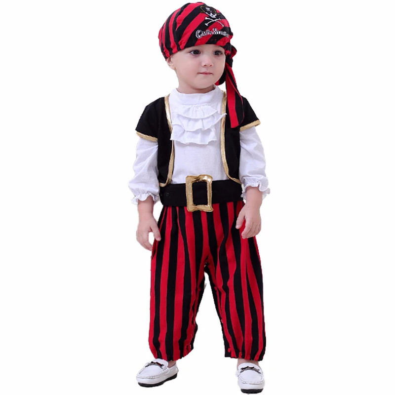 Для маленьких мальчиков пиратский капитан, для косплея костюм комбинезоны со шляпой ремень комплект на Хэллоуин Карнавальный костюм вечерние Детские изображением пиратской эмблемы с черепом; костюм Лот из 4 шт./компл