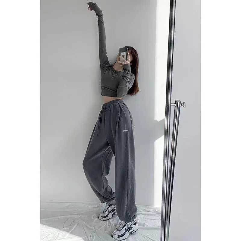 HOUZHOU Gray Sweatpants Women Casual Track Pants Jogger High Waisted Trousers Women Letter Streetwear Sports Jogging Sweat Pants 2