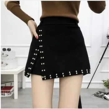 

2018 Large size women's wool woolen rivet shorts skirts high waist A wide leg wear bottoming