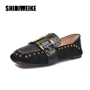 

2020 spring Autumn New PU Leather Shoes Metal Decoration Female Square Toe Flat Shoes British Wind Women's Shoes Single R109