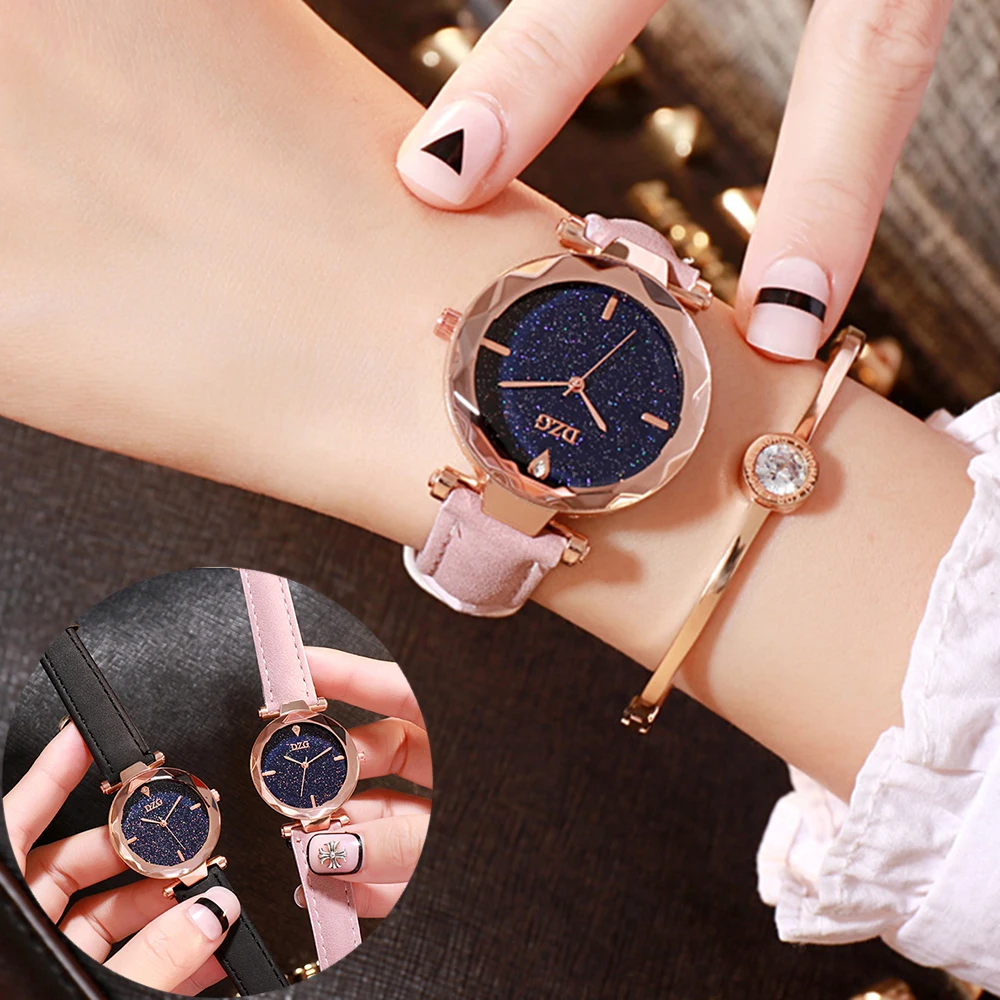 

DZG Ladies Watch Dress Leather Bracelet Starry Sky Wrist Wrist Watch Women Square Alloy Analog Quartz Clock Relojdelasseñoras