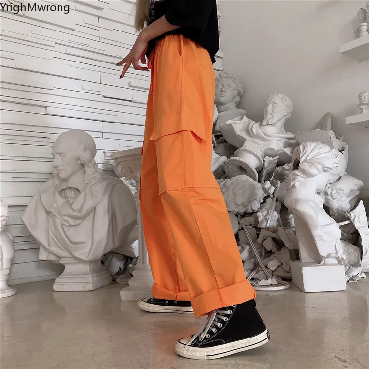 

Fluorescent Style Green Orange Black String High Waist Cargo Pocket Jogger Loose Pant Streetwear Hip Hop Korean Harajuku Trouser