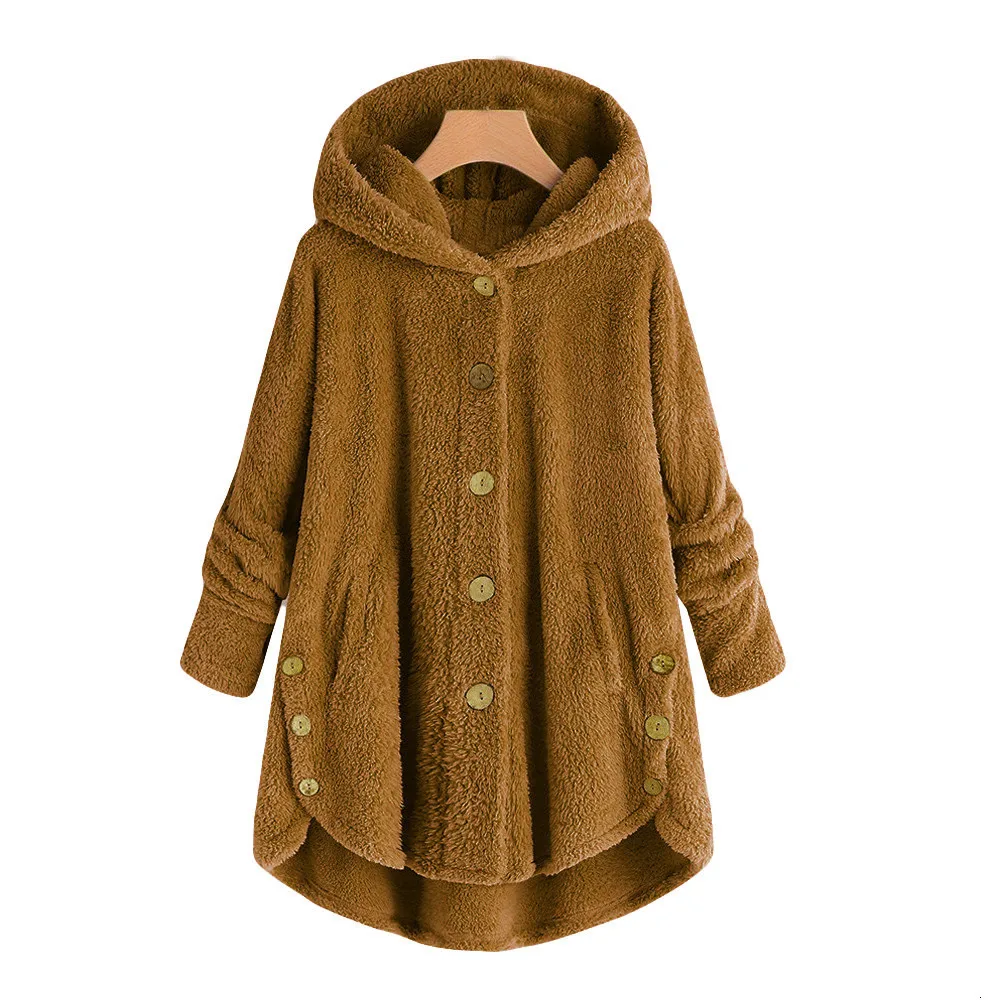awesome  New Thin Wool Blend Coat Fashion Women Button Fleece Coat Fluffy Outwear Jacket Casual Tops Hooded 