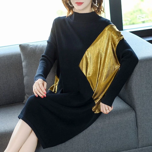

2019 Autumn Fashion Women Sweater Dress Elegant Round Neck Knitted Long Sleeve Patchwork Turtleneck Gold Designer Dresses Oversi
