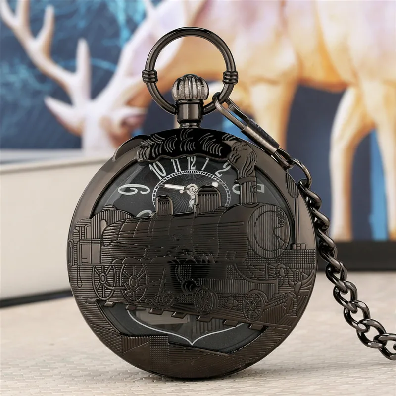 Steampunk Hollow Locomotive Train Case Playing Music City Sky Song Men Women Quartz Analog Pocket Watch with Pendant Chain Clock