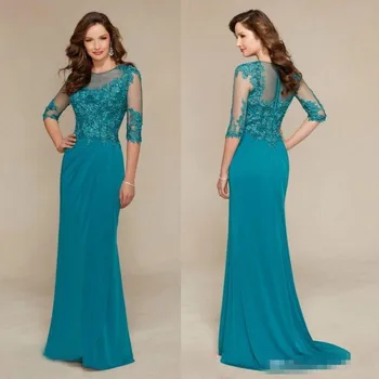 

See Through Tulle Beads Lace Appliques Tops Evening Dress Chiffon Floor Length Mother of the Bride Dress