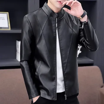 

Leather Jacket Men Motorcycle Stand Collar Zipper Fly Cuff PU Leather Straight Pattern Streetwear Casual Fashion Coat Male