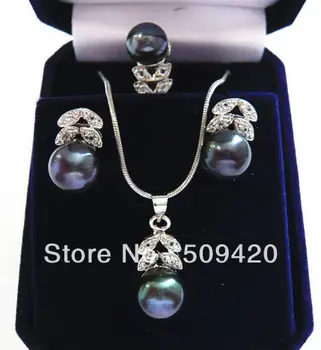 

good Wholesale silver Sets 8-9 mm Freshwater Pearl Necklace Earring Ring