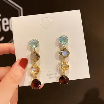 

New Korean Star Colorful Square Crystal Long Earrings For Women Fashion Luxury Party Temperament Jewelry