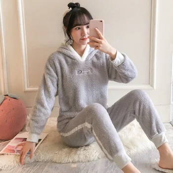 

Plush Women's Pajamas Plush Winter Long Sleeve Hooded Pajamas Women's Suit Home Wear Set Sleepwear Women Set Sleepwear