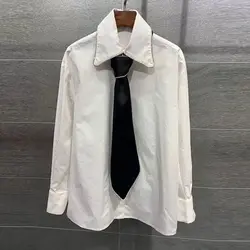 Хлопковая рубашка в духе колледжа, рубашка с галстуком, новинка весны 2020, женская белая Повседневная рубашка с длинными рукавами