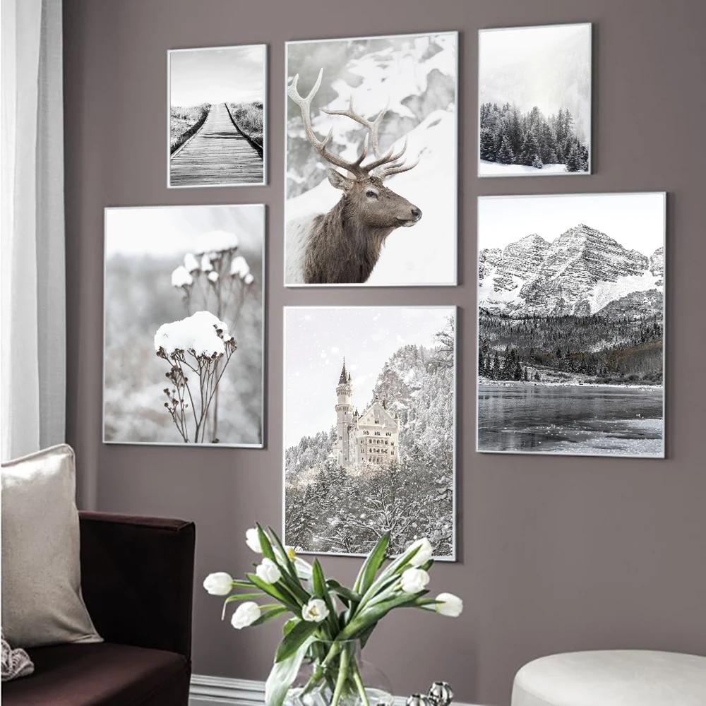 Winter Snow Forest Mountain Flower Wall Art Canvas Painting Nordic Poster E Stampe Immagini A Parete Per Soggiorno Home Decor
