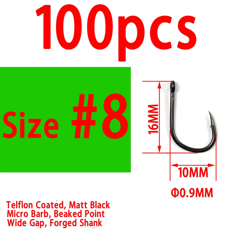 100pcs size 8 Bimoo 100 шт. тефлоновые с покрытием, заостренные точки, широкий зазор, крючки для карпа, крючки из высокоуглеродистой стали для ловли карпа, прочные рыболовные крючки, матовые черные - Цвет: 100pcs size 8