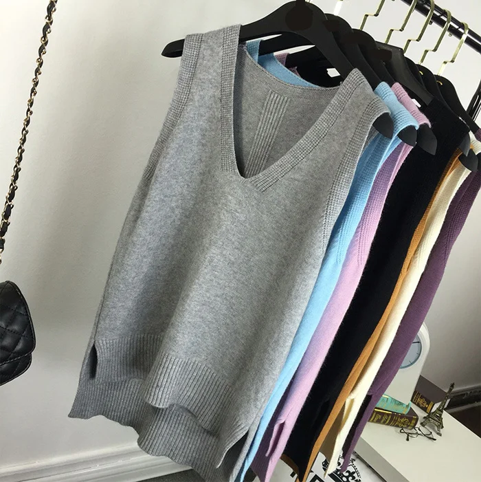 Новое поступление прямой пуловер с v-образным вырезом Женский вязаный свитер Одноцветный офисный модный и Повседневный женский простой жилет