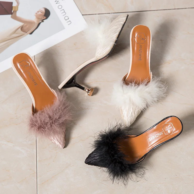 

Women's Slippers 2019 Pokemon Plush Slides Pointed Toe Med Shoes Flock Heeled Mules Fashion Thin Heels New Fur Soft High