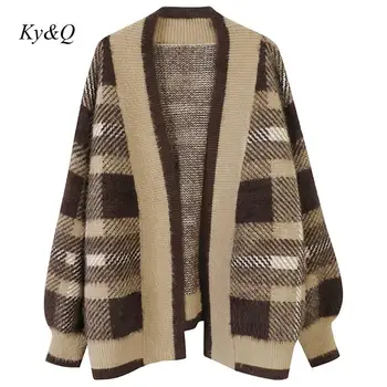 

Brand Design Women 2019 Winter Vintage V-neck Cardigans Contrast Plaid Embroidered Long-sleeve Loose Knit Jacket Thick Oversized