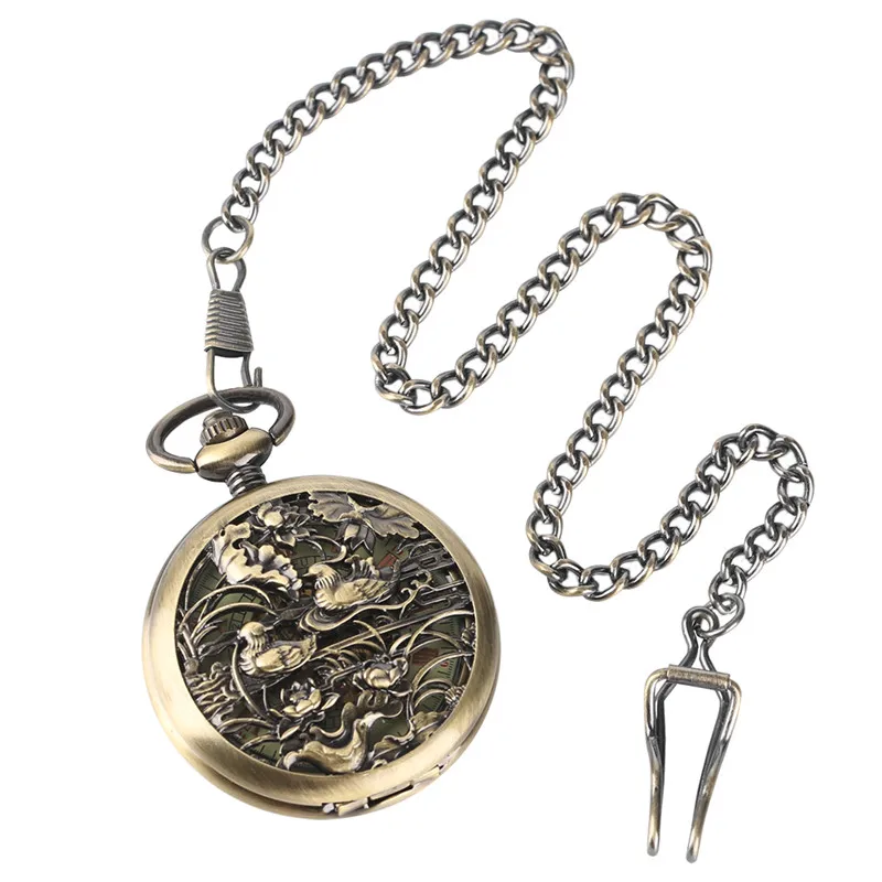 Antique Hollow Mandarin Duck Pocket Watch Unisex Skeleton Automatic Mechanical Clock Roman Number Dial FOB Pendant Chain Reloj
