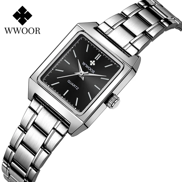 WWOOR Casual Square Women Watches Ultra Thin Small Female Quartz Watch Full Stainless Steel Ladies Wrist Waches Relogio Feminino black
