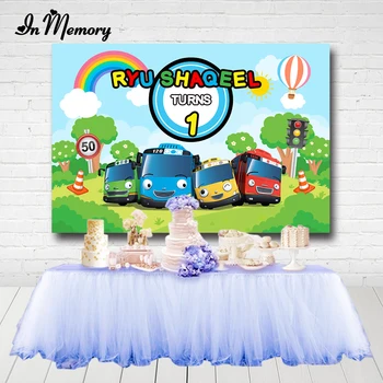 

InMemory Cartoon Tayo Bus Photography Backdrop Newborn Kids 1st Birthday Party Backdrop For Boys Background Photo Studio 7x5ft