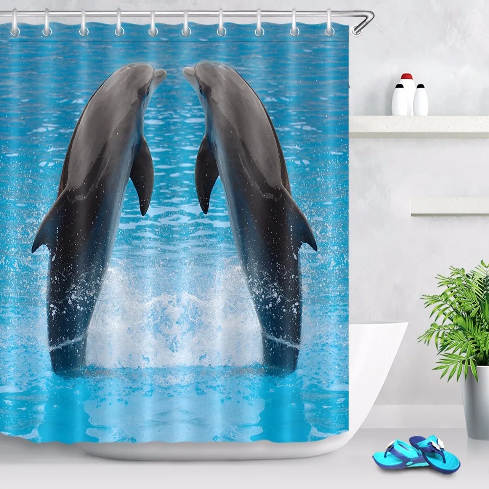 

72'' Jumping dolphin twins in Aquarium Bathroom Fabric Shower Curtain Waterproof Polyester Curtain Sets & 12 Hooks
