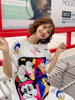 

Summer T-shirt women's mid-length Thai tide brand 2020 spring and summer new cartoon sequins short sleeve loose large size shirt