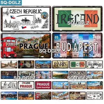 

[SQ-DGLZ] Europe City License Plate Metal Sign Vintage Plaque Tin Sign Wall Decor For Bar Country Ireland/Paris/Prague Poster