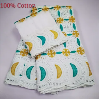 

high quality 5+2yards white gold African Swiss cotton voile lace fabric with neat embroidery plus chiffon lace! 9L062716