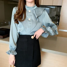Korean Fashion Women Blouses Woman Silk Blouse Shirts Elegant Women Satin Blouse Shirt Plus Size Blusas Mujer De Moda Ruffle Top