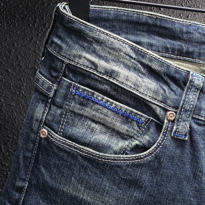 Newly Vintage Fashion Jeans High Quality Retro Blue Elastic Slim Fit Ripped Jeans Men Embroidery Designer Casual Denim Pants