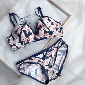 

Fashion Hollow Underwear Set Europe Printing Wire Free Bra Set Sexy Leopard Women Adjustable Lingerie Thicken Push Up Bra Set