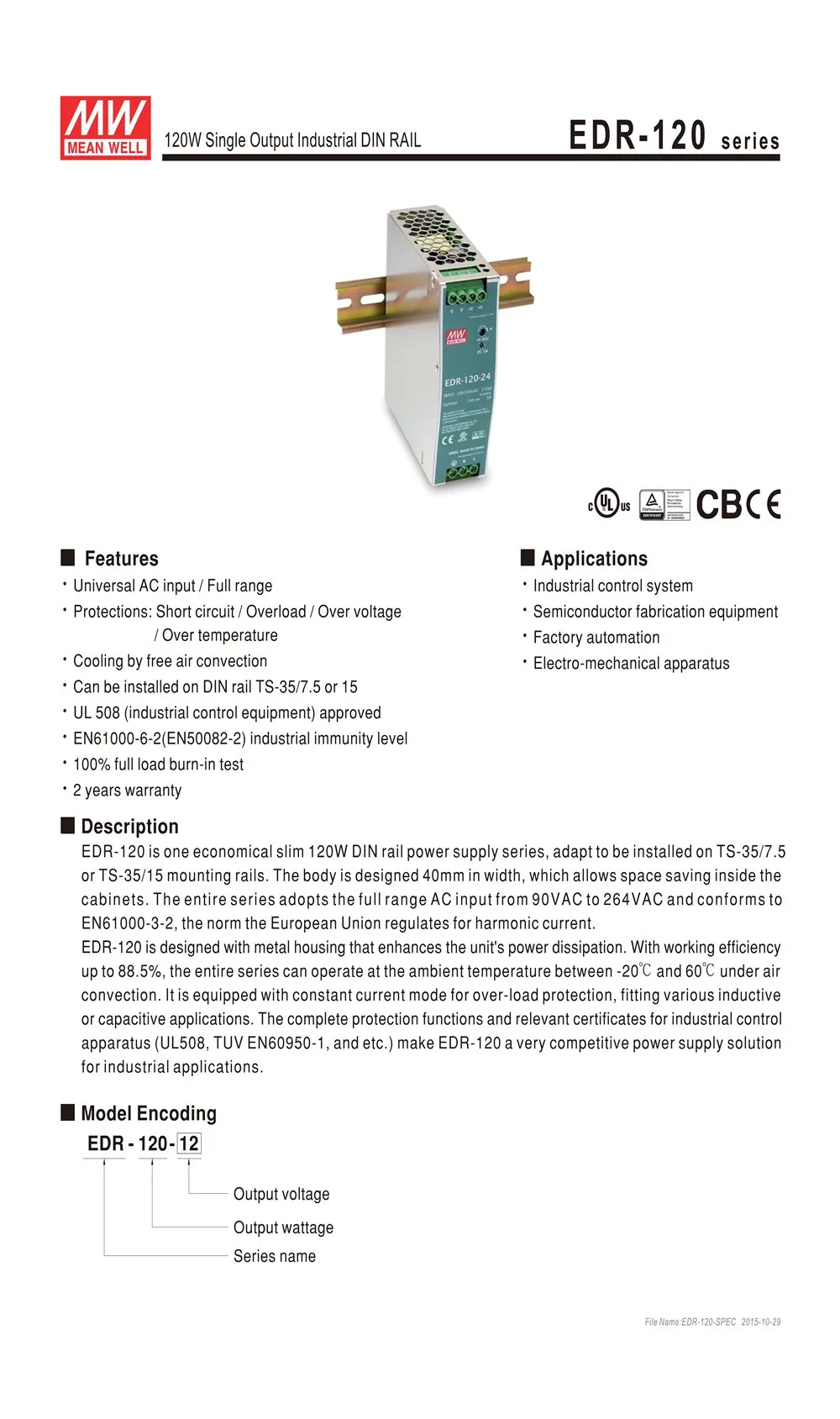 MEAN WELL EDR-120-24 120 Вт 24 в DIN Реле переключения питания 110 В/220 В переменного тока до 24 В постоянного тока 5А промышленный блок питания