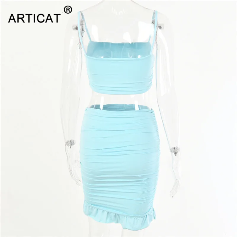 Articat Women Sexy Bodycon 2 Piece Dress Set Ruffles Spaghetti Strap Crop Top Summer Mini Skirts Suits Fashion Solid Outfits