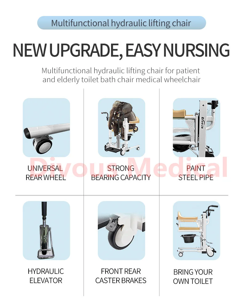 Hydraulic Patient Lifting Transfer with Commode Bath Toilet Chair from Bed to Chair For Disabled Wheelchair 6