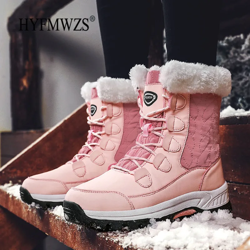 

HYFMWZS Waterproof And Velvet Snow Boots Flat Bottom Slip Botas Mujer And Calf Platform Boots Large Size Winter Women Shoes 42