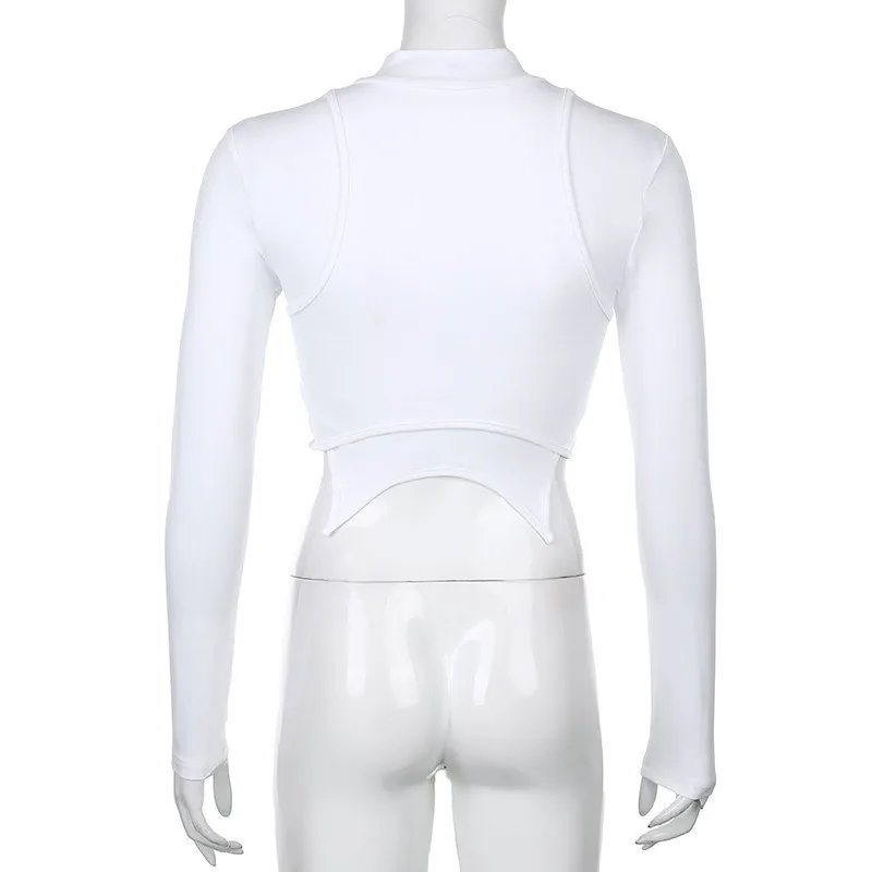 New Women's High-necked Long-sleeved White Short Top High Street Fake Two-piece Slim Sexy T-shirt With Navel Street Wear